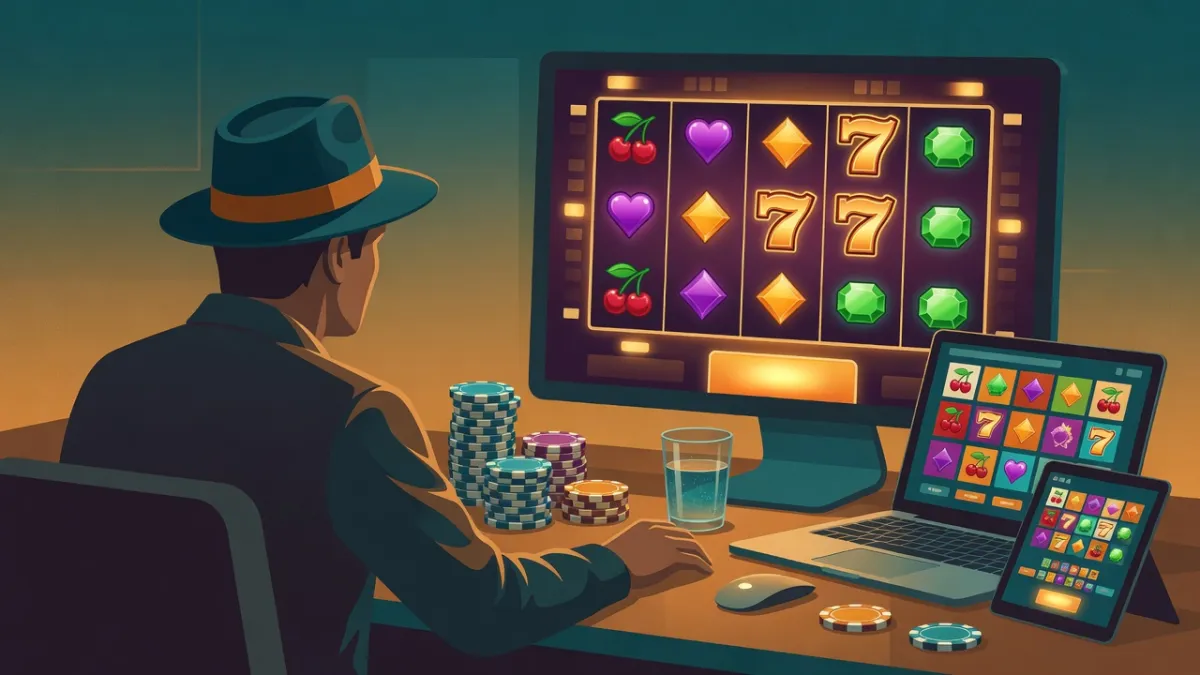 Spieler mit Hut vor Monitor mit Slot-Walzen, daneben Jetons, Laptop und Tablet