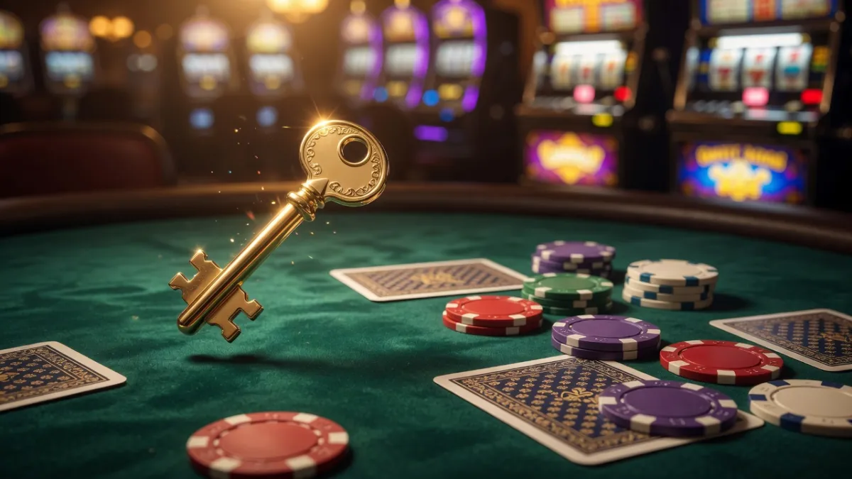 Goldener Schmuck und ein Geschenk auf einem Casino-Spieltisch mit Neonlichtern im Hintergrund